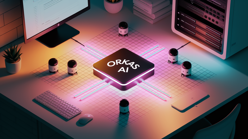 Illustration technique montrant de petits agents IA stylisés travaillant en équipe sur un poste local, reliés par des flux lumineux à l’icône Orkas AI. Représente le contrôle local, la confidentialité des données et l’automatisation efficace dans un environnement homelab, avec une vue plongeante sur un bureau organisé.