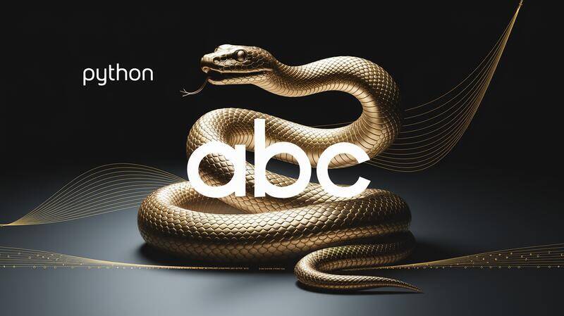 Illustration 3D brillante montrant un serpent Python doré enroulé autour du logo 'ABC', symbolisant son évolution. Fond sombre et futuriste avec éclairage studio et motifs de code binaire.