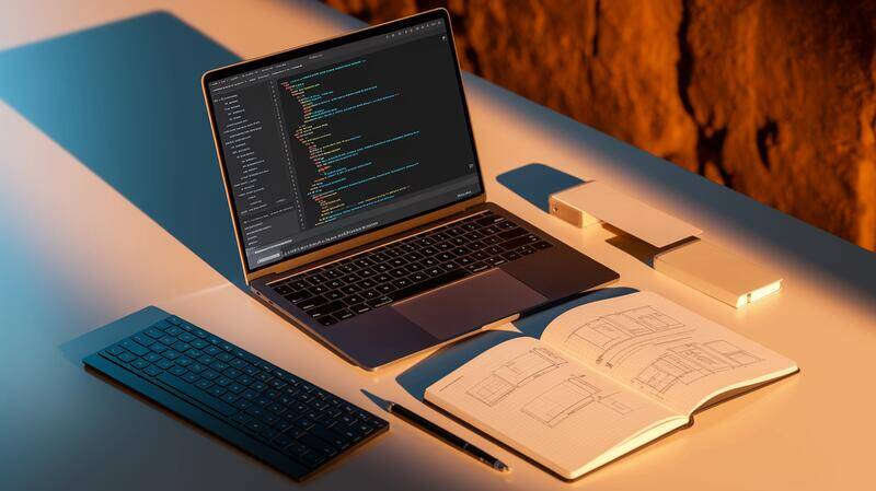 bureau de développeur organisé avec un ordinateur affichant du code Symfony et des éléments d'IA, sous un éclairage doux et moderne.
