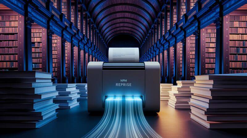 Illustration nocturne d'une machine nommée Reprise dans une bibliothèque, transformant des papiers en fichiers JS et CSS sous un éclairage néon contrasté, style technique et moderne.