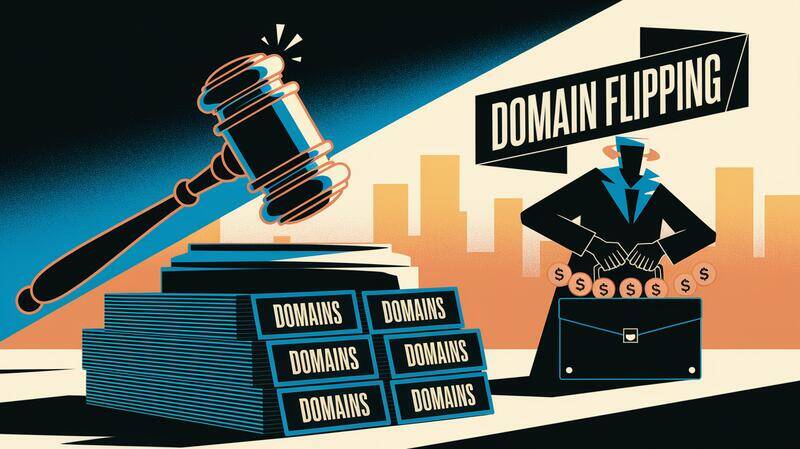 Illustration flat design d'un marché de noms de domaine avec un marteau d'enchère sur des cartes 'DOMAINS', une mallette pleine de dollars et le texte 'DOMAIN FLIPPING' en bannière.