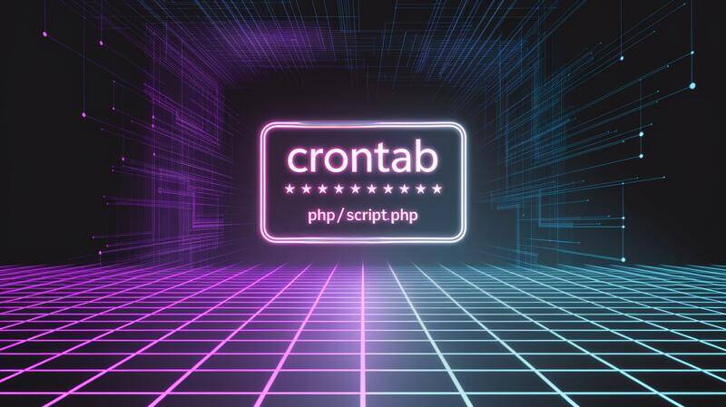 Illustration rétro-futuriste d'un container Docker PHP avec un cron automatisé