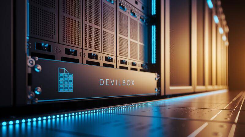 Vue macro détaillée d'un rack serveur moderne avec un fichier docker-compose.yml gravé, éclairage bleu cinématographique et le texte 'Devilbox' sur une étiquette transparente.