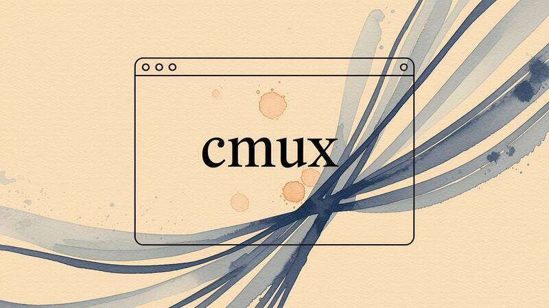 Illustration à l'encre et aquarelle d'un terminal avec la commande 'cmux', entourée de lignes abstraites évoquant le multiplexage, dans un style sobre et moderne pour un article technique.