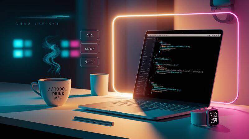 Illustration nocturne d'un espace de développement moderne avec un ordinateur affichant du code, une tasse de café fumante et un éclairage néon contrasté en cyan et magenta.