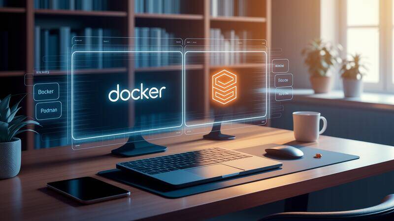 Illustration en plongée d'un bureau technique organisé comparant Podman et Docker, avec logos et commandes sur écrans holographiques, style sobre et moderne.