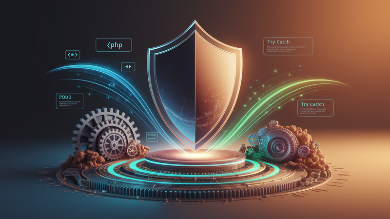 Illustration technique montrant un bouclier transparent protégeant des composants d’applications PHP, avec des engrenages, des extraits de code comme « PDO » et un flux de données sécurisé, symbolisant une protection proactive des systèmes.