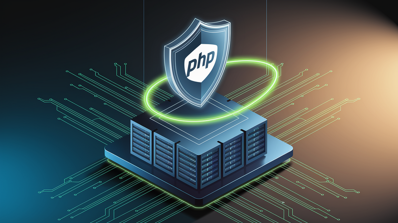 Illustration isométrique minimaliste montrant un bouclier bleu protégeant le logo PHP sur une baie de serveurs, entouré de lignes de code vert fluo. Style technique épuré pour évoquer la sécurité des applications PHP en environnement serveur.
