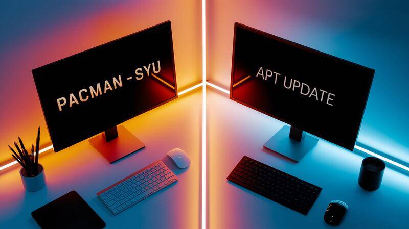 Illustration en plongée d'un bureau technique organisé comparant Pacman et APT, avec deux terminaux affichant des commandes Linux, éclairés par une lumière douce et moderne.