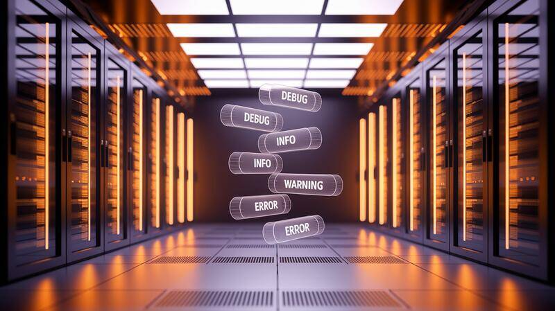 Illustration technique en plan large d'une salle de serveurs moderne avec des logs flottants étiquetés DEBUG, INFO, WARNING, ERROR, éclairés sobrement en bleu et vert.