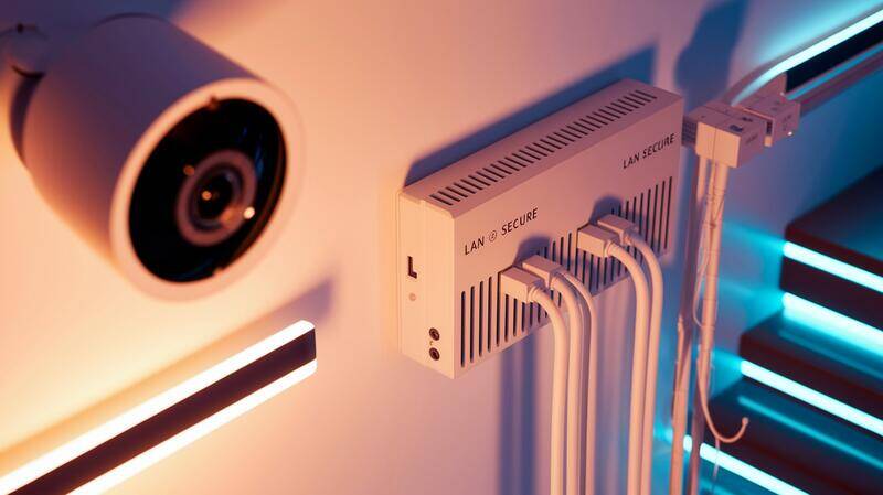 Illustration technique d'un système de caméras de sécurité maison avec un appareil Fortinet, un LAN dédié et une caméra AliExpress, vue large et moderne.