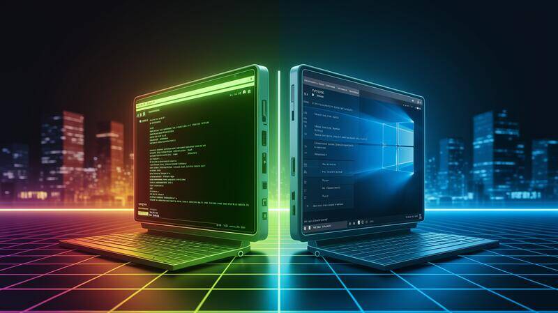 Illustration nocturne contrastée montrant un terminal Linux lumineux en vert néon à gauche et PowerShell en bleu néon à droite, dans un style cyberpunk sobre et technique.