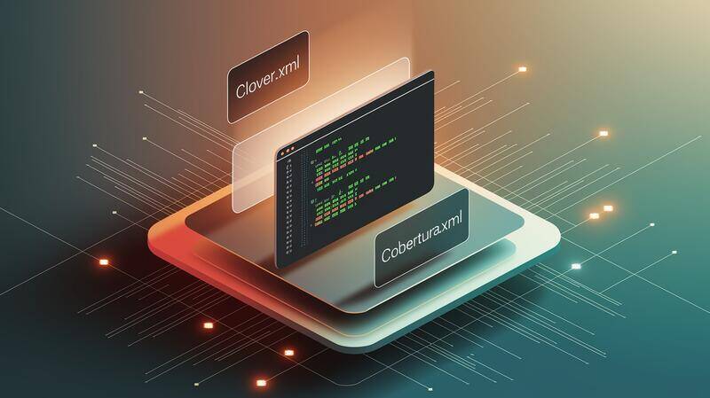Illustration isométrique minimaliste d'un espace de travail technique montrant des fichiers XML Clover et Cobertura pour le coverage de code, avec une grille 3D et un éditeur de code en arrière-plan.