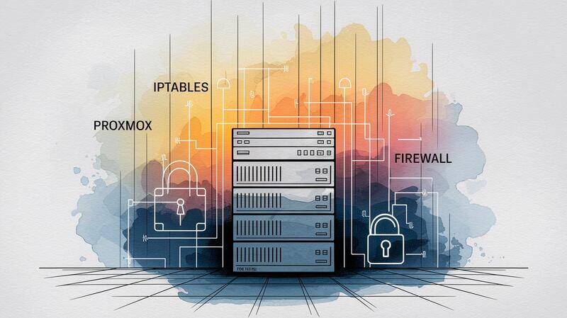 Illustration à l'encre et aquarelle d'un rack serveur Proxmox sécurisé par un firewall, avec des libellés techniques et une ambiance sobre et professionnelle, style croquis moderne.