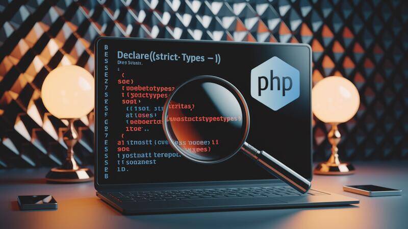 PHP avec declare(strict_types=1), symbolisant la robustesse du typage strict.
