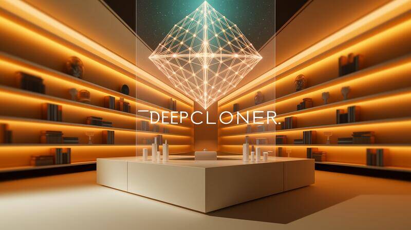 Illustration isométrique minimaliste d'un graphe d'objets en cours de clonage profond avec 'DeepCloner', style technique sobre et moderne, éclairage doux et couleurs épurées.